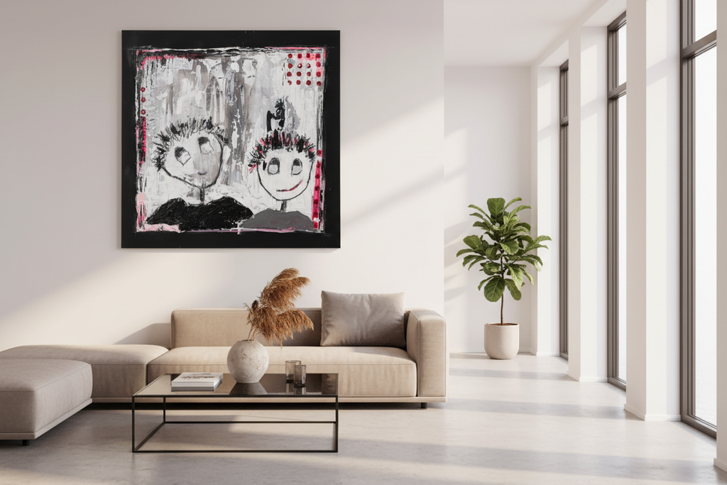 Gefährten 100x100 cm mit schwarzem Rahmen und Sonnenlicht