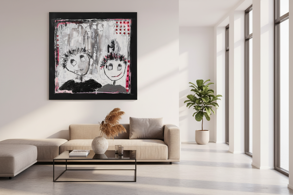 Gefährten 100x100 cm mit schwarzem Rahmen und Sonnenlicht