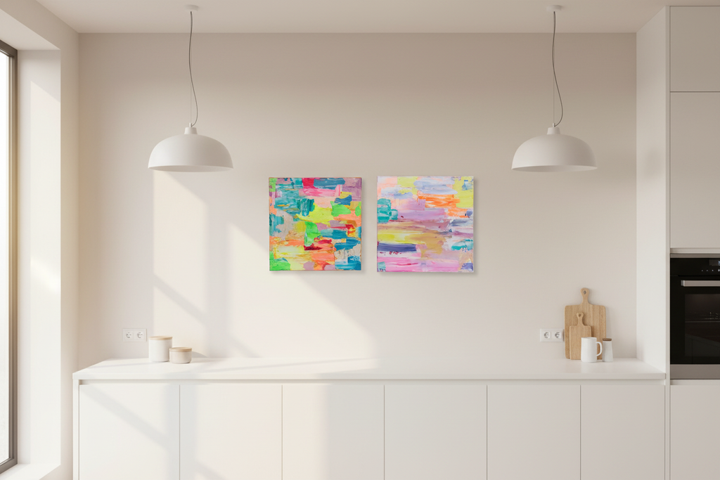 Zwei Gemälde 50x50 nebeneinander in Küche